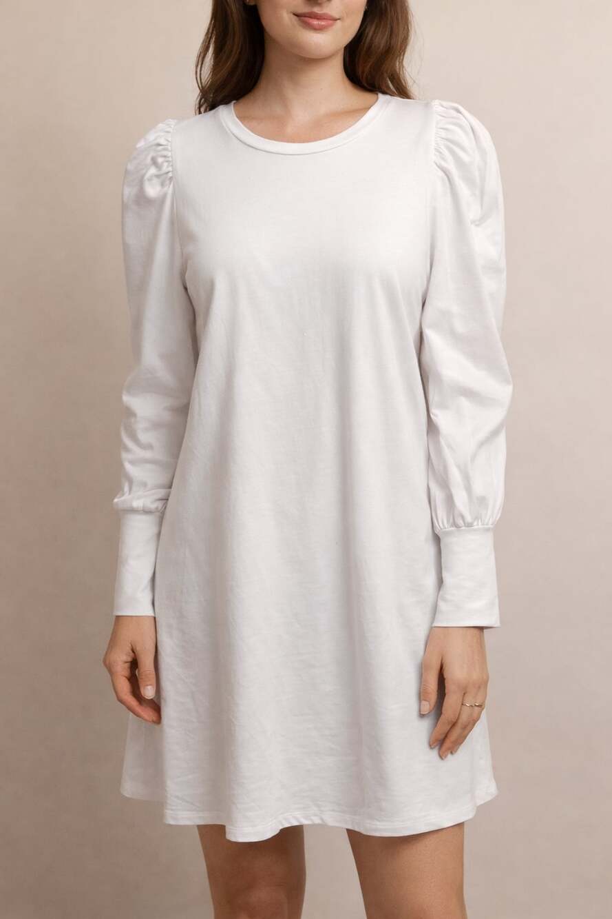 Addison Bay Vine Ivy Crew Neck Long Sleeve Puff Shoulder Mini Knit Dress